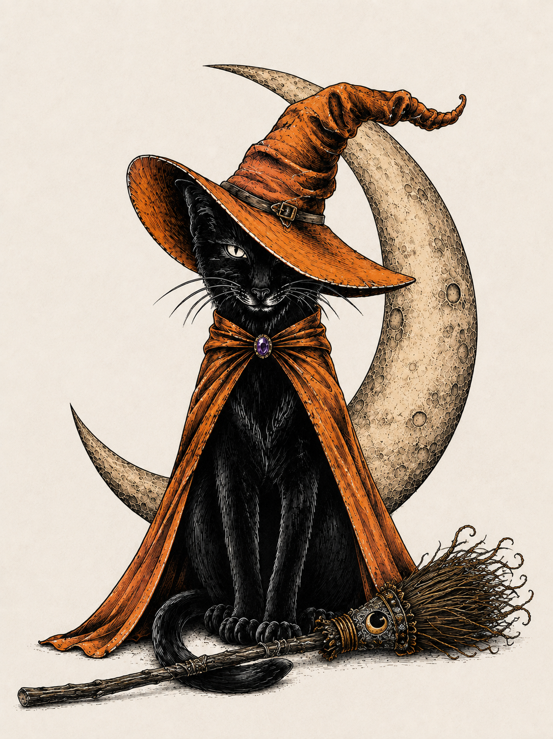 Witchy Black Cat – Moonlight Magic Halloween - Unisex Classic Fit Graphic Tee - 100% Bio Washed Premium Cotton T-Shirt