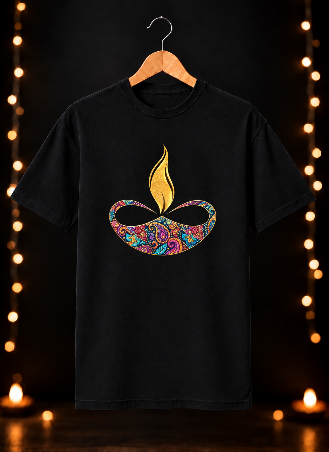 Diwali Colorful Diya Art - Festive Glow & Celebration - Unisex Classic Fit - 100% Bio-Washed Premium Cotton T-shirt