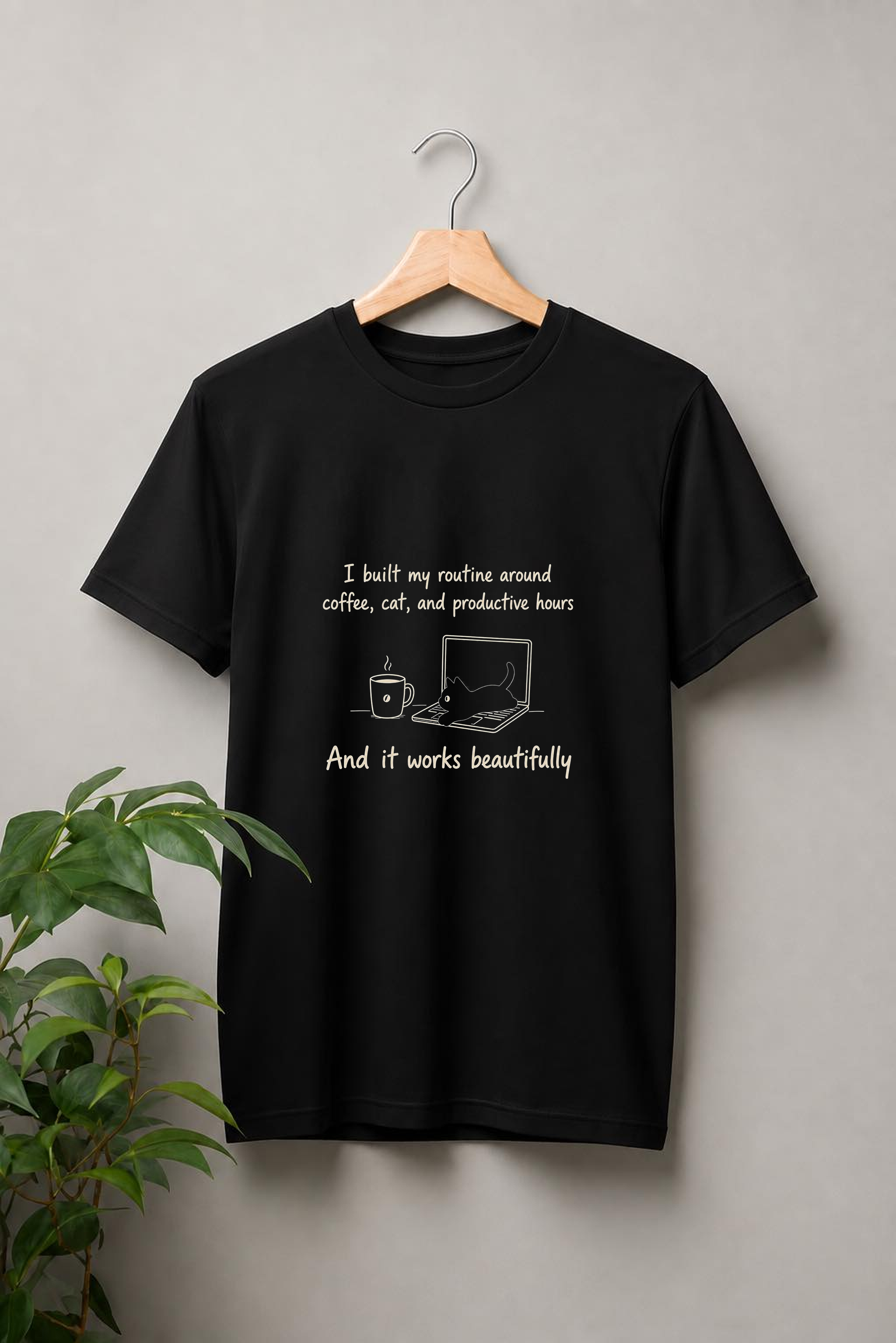 I Built My Routine Around Coffee, Cat, and Productive Hours — Coffee Cat Productivity — Unisex Classic Fit Graphic Tee — 100% Bio Washed Premium Cotton T-Shirt