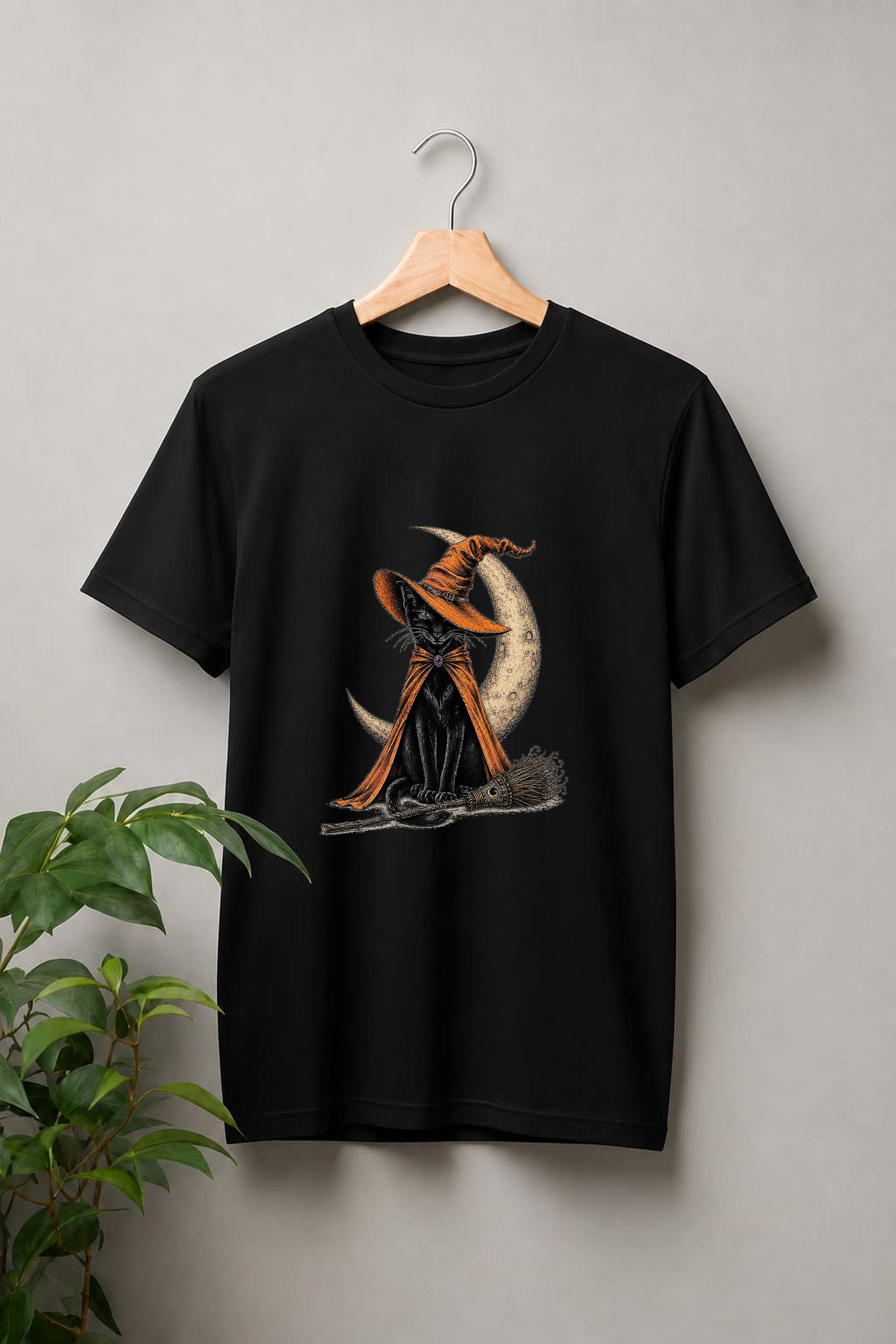 Witchy Black Cat – Moonlight Magic Halloween - Unisex Classic Fit Graphic Tee - 100% Bio Washed Premium Cotton T-Shirt