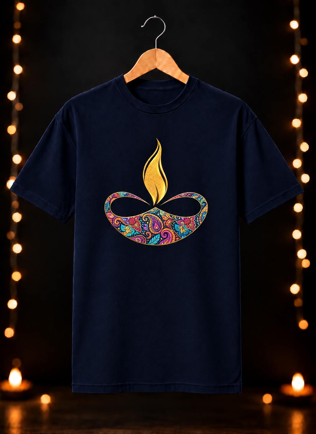 Diwali Colorful Diya Art - Festive Glow & Celebration - Unisex Classic Fit - 100% Bio-Washed Premium Cotton T-shirt