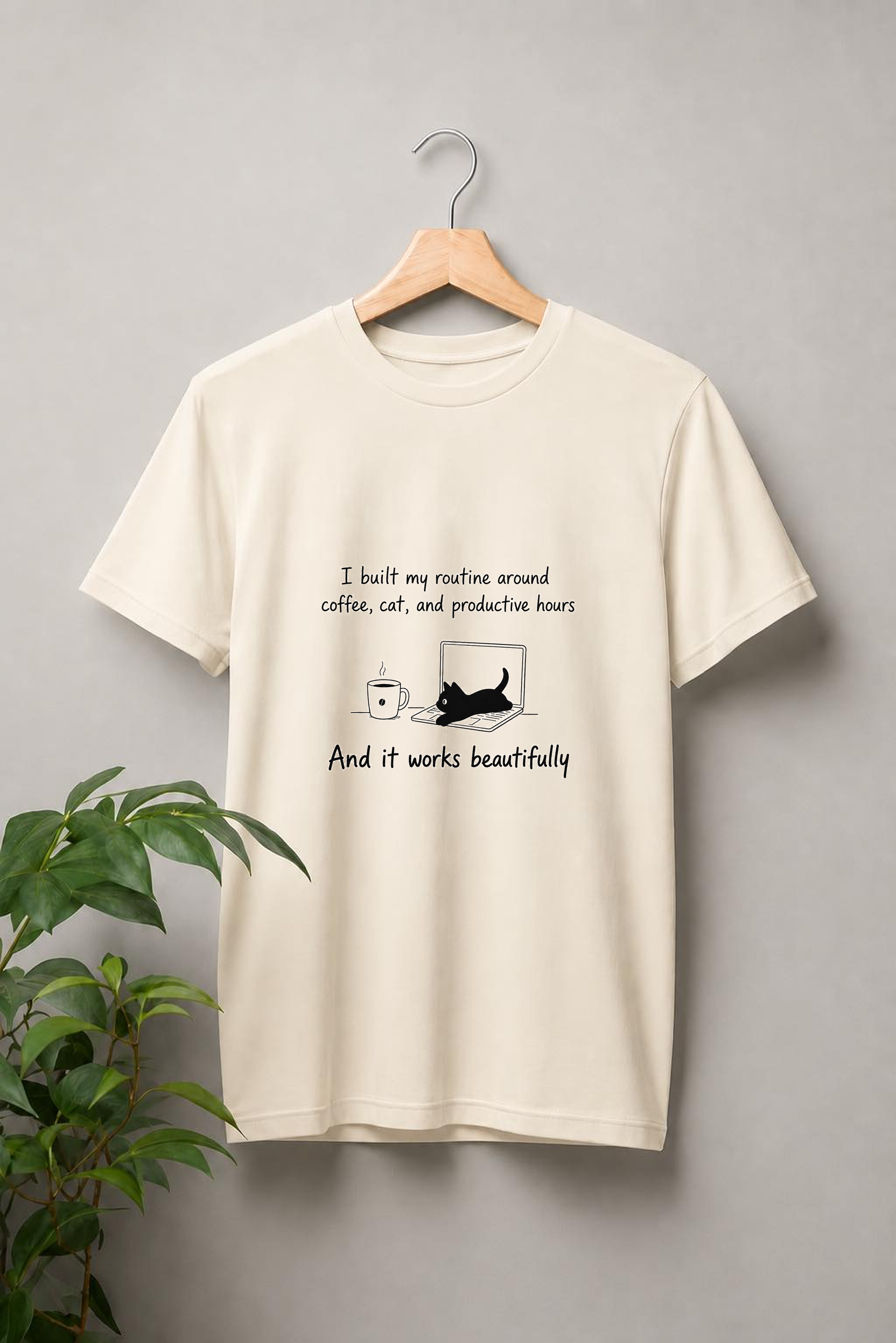 I Built My Routine Around Coffee, Cat, and Productive Hours — Coffee Cat Productivity — Unisex Classic Fit Graphic Tee — 100% Bio Washed Premium Cotton T-Shirt