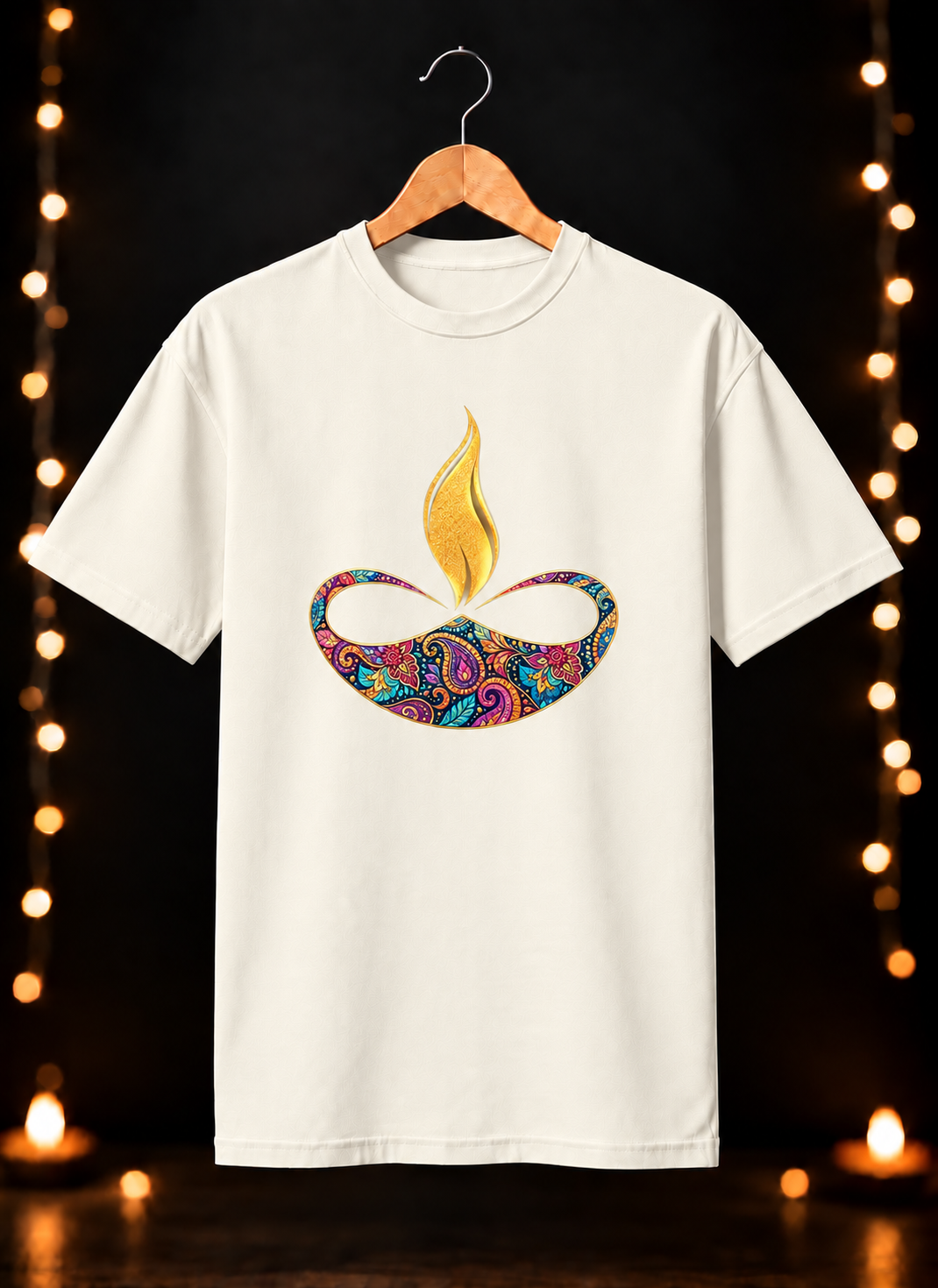 Diwali Colorful Diya Art - Festive Glow & Celebration - Unisex Classic Fit - 100% Bio-Washed Premium Cotton T-shirt