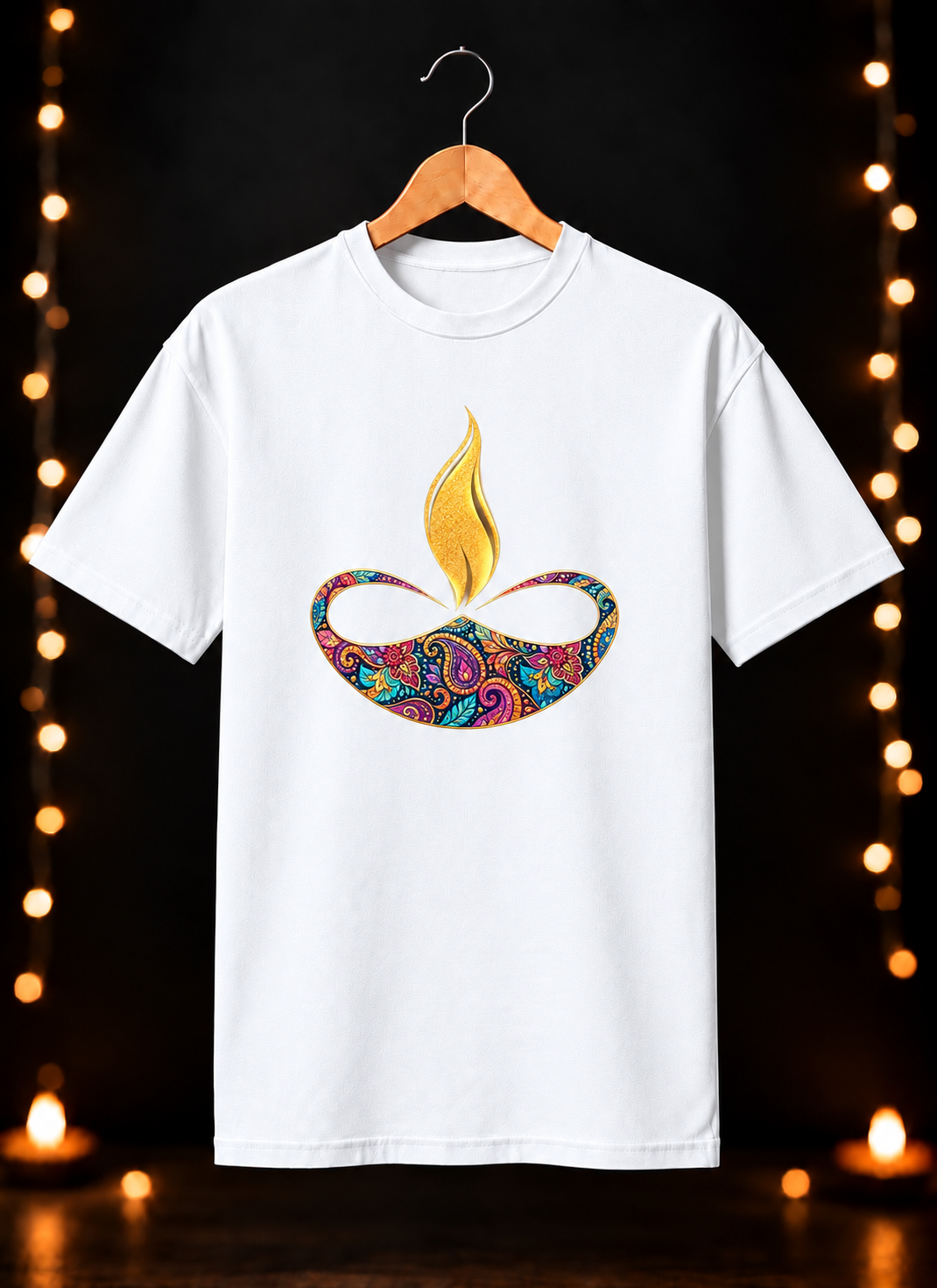 Diwali Colorful Diya Art - Festive Glow & Celebration - Unisex Classic Fit - 100% Bio-Washed Premium Cotton T-shirt
