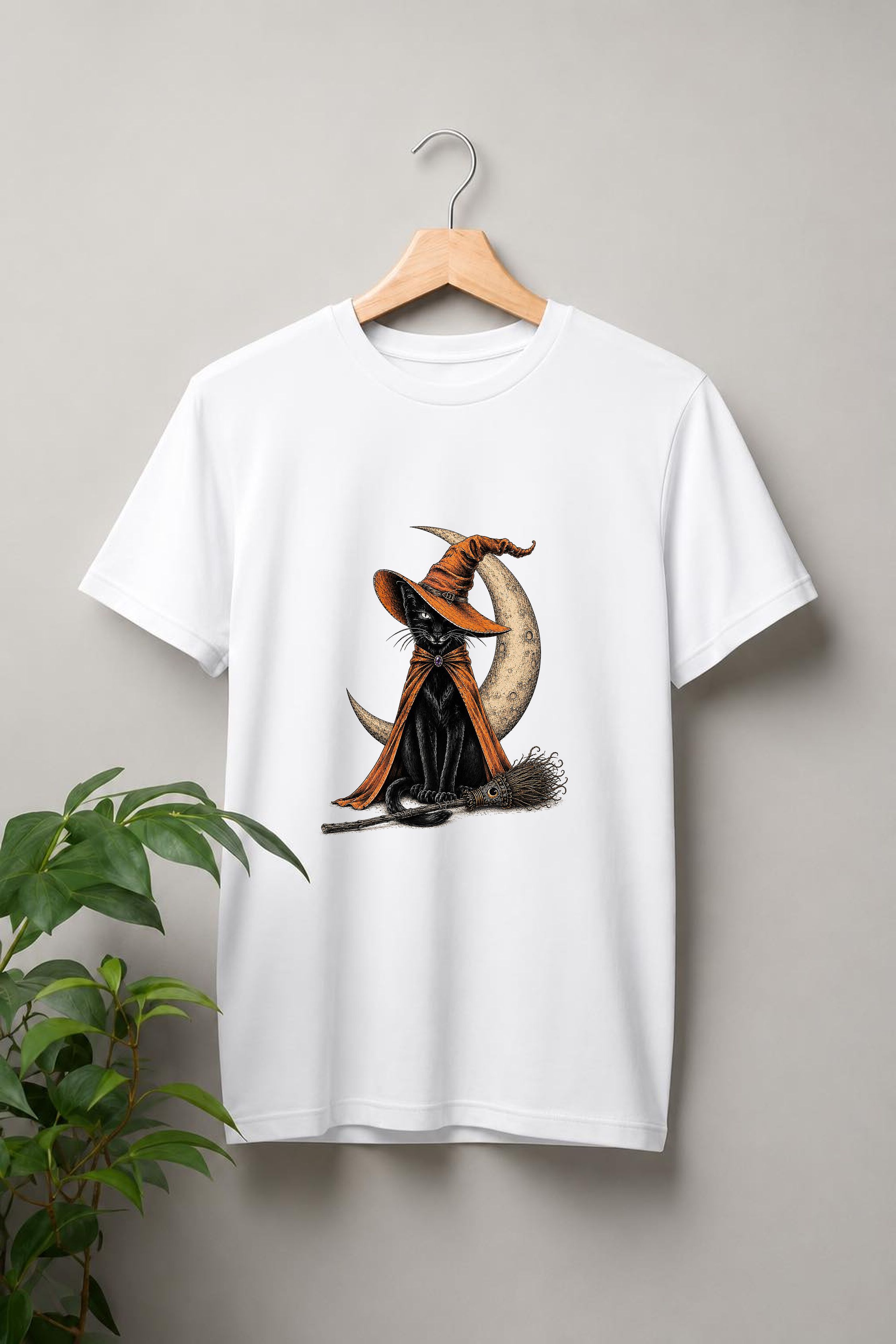 Witchy Black Cat – Moonlight Magic Halloween - Unisex Classic Fit Graphic Tee - 100% Bio Washed Premium Cotton T-Shirt