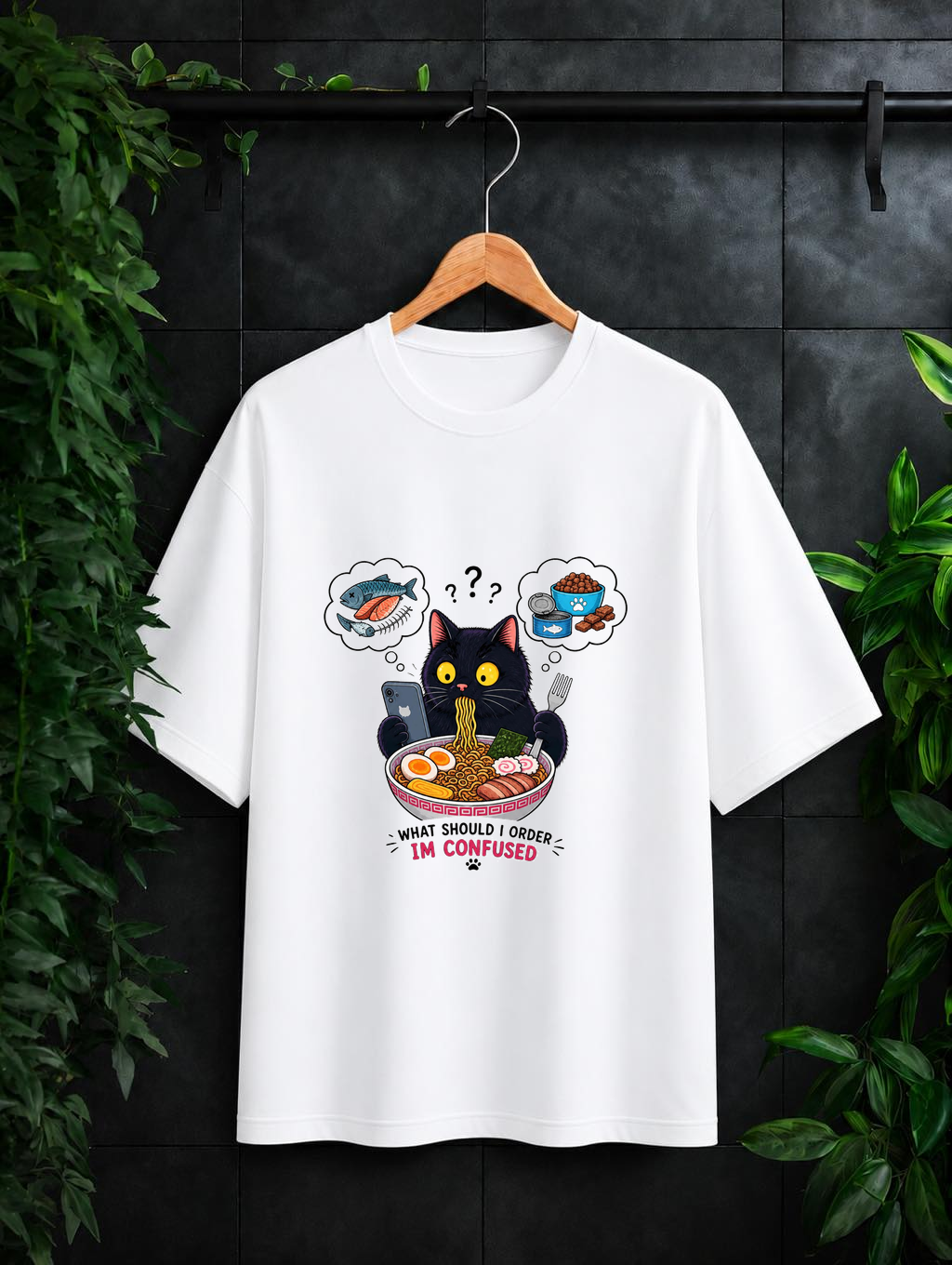 What Should I Order I’m Confused — Funny Ramen Cat - Unisex Oversize Fit Graphic Tee - 100% Bio-Washed Premium Cotton T-Shirt
