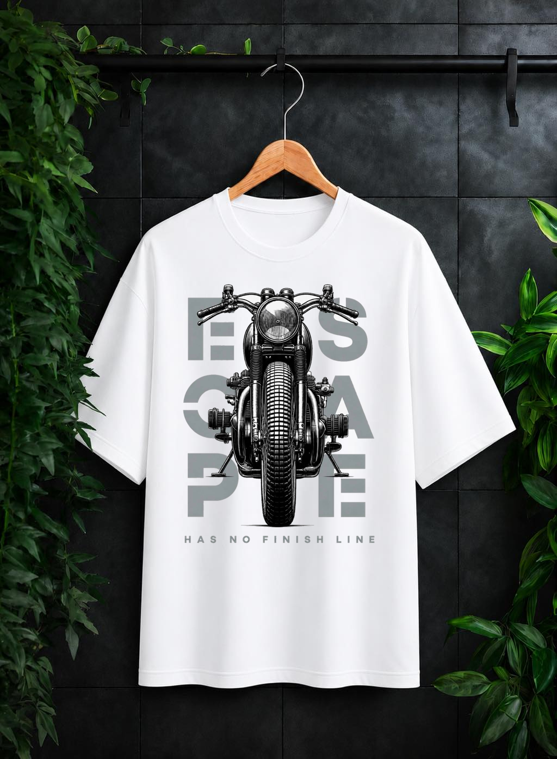 Escape Has No Finish Line — Motorcycle Biker Adventure — Unisex Oversize Fit Graphic Tee — 100% Bio-Washed Premium Cotton T-Shirt
