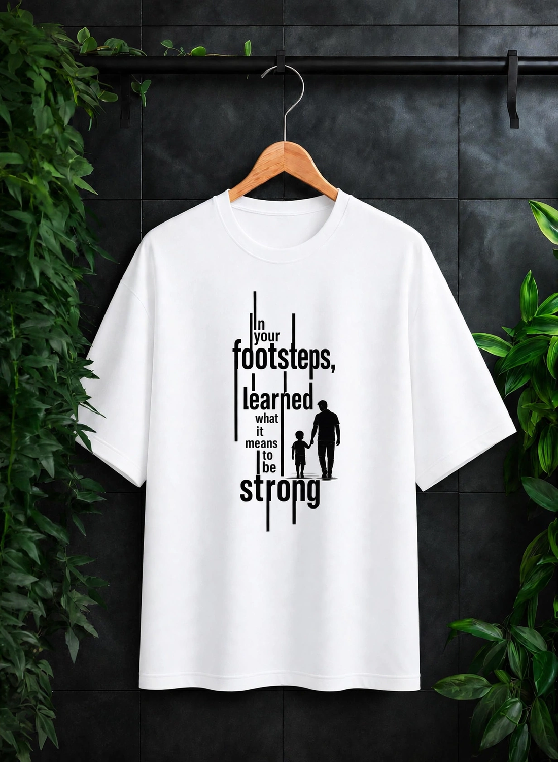 In Your Footsteps, I Learned What It Means to Be Strong — Father Son Inspirational Quote — Unisex Oversize Fit Graphic Tee — 100% Bio-Washed Premium Cotton T-Shirt