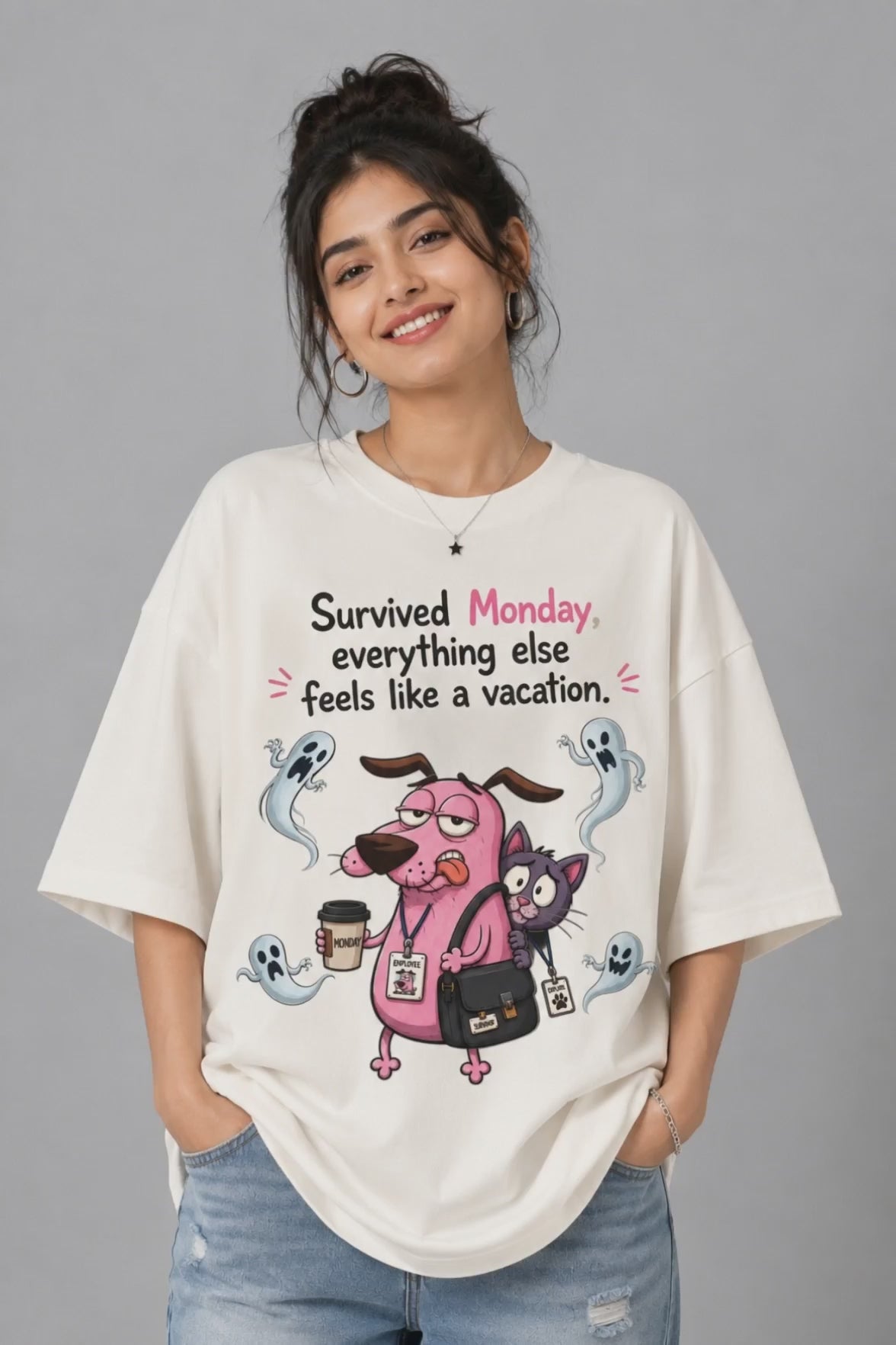 Survived Monday, Everything Else Feels Like a Vacation - Monday Survival Humor - Unisex Oversize Fit Graphic Tee - 100% Bio-Washed Premium Cotton T-Shirt
