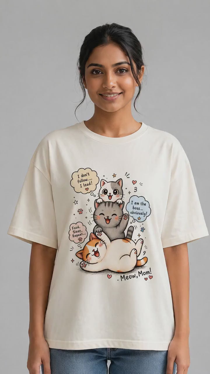 Meow, Mom! — Cute Cat Mom Humor — Unisex Oversize Fit Graphic Tee — 100% Bio Washed Premium Cotton T-Shirt